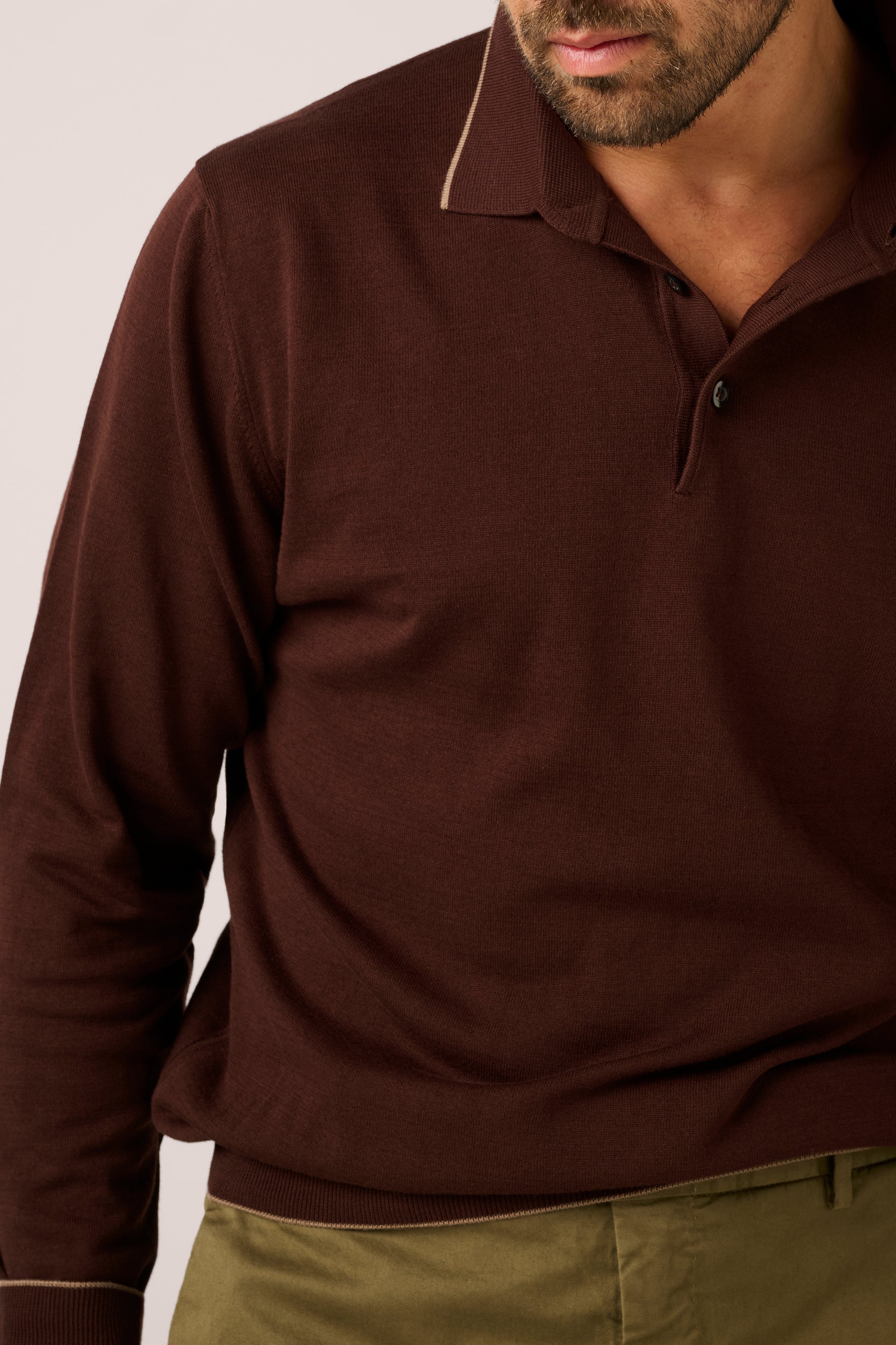 Christian Kimber Rye Paperweight Long Sleeve Polo - Chestnut