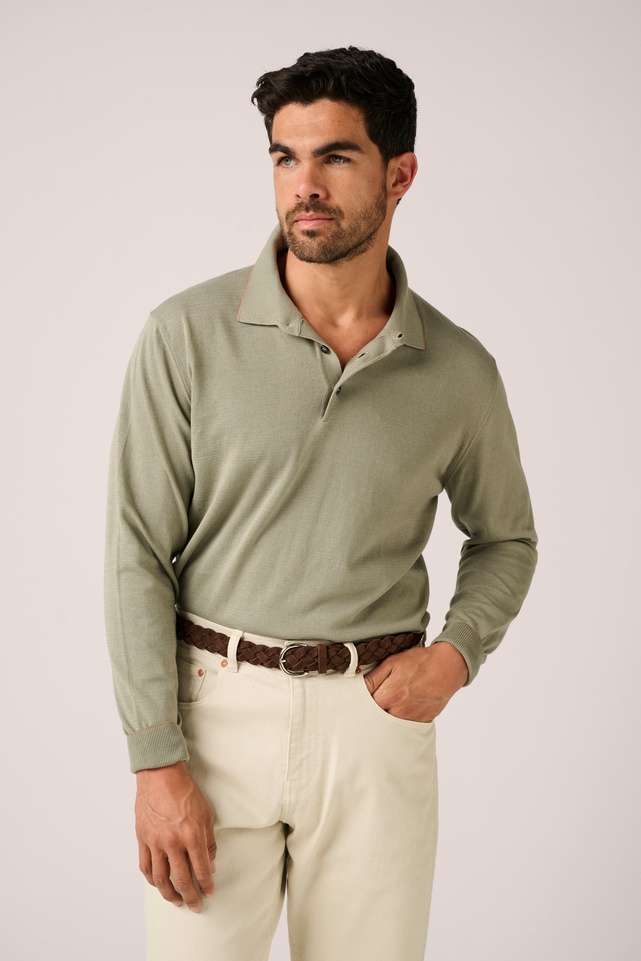 Christian Kimber Rye Paperweight Long Sleeve Polo - Pistachio