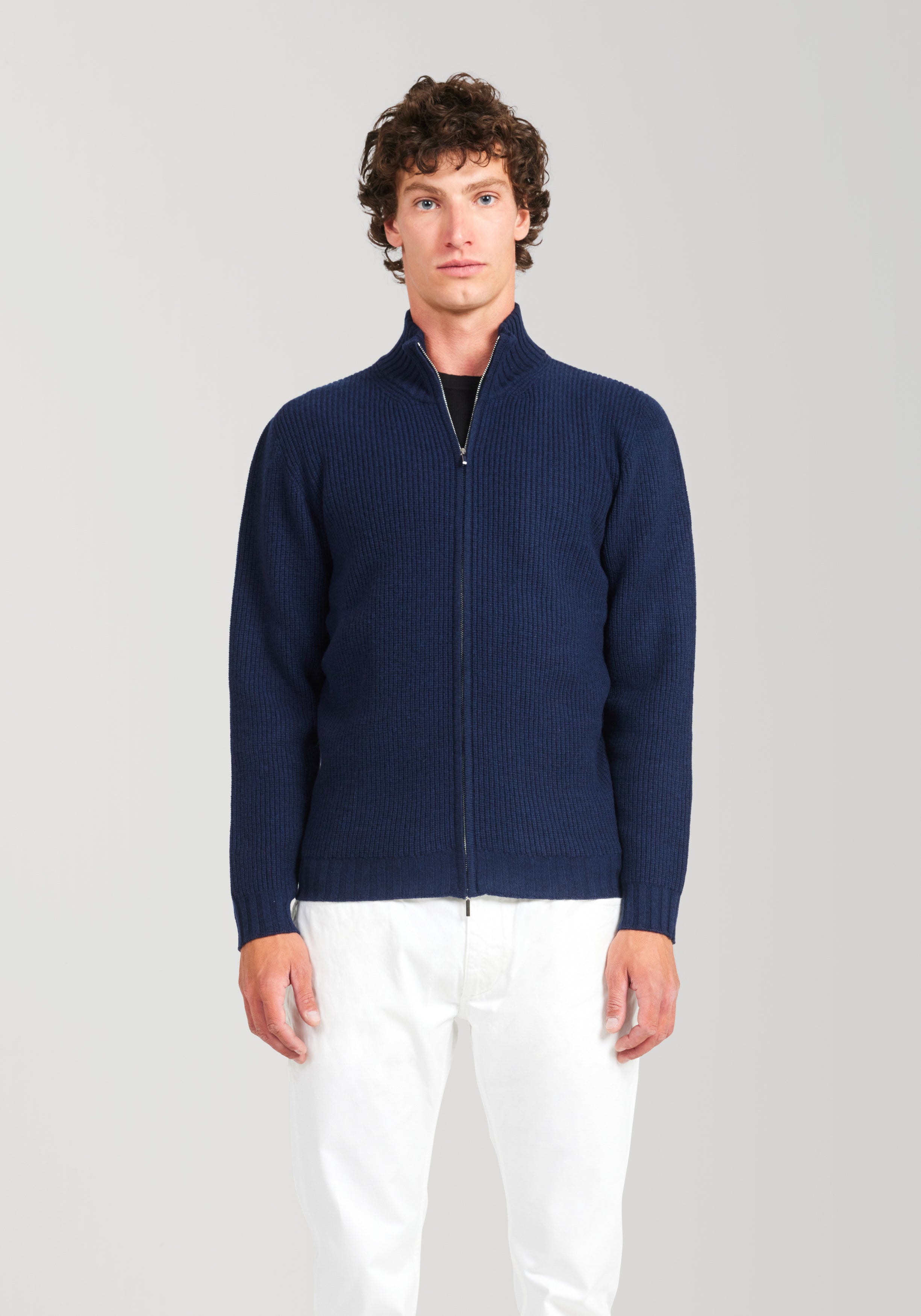 Wool & Cashmere Ribbed Zip Knit Sweater - Midnight Blue